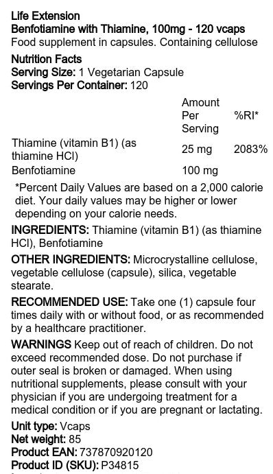 Life Extension Benfotiamine with Thiamine, 100mg - 120 vcaps